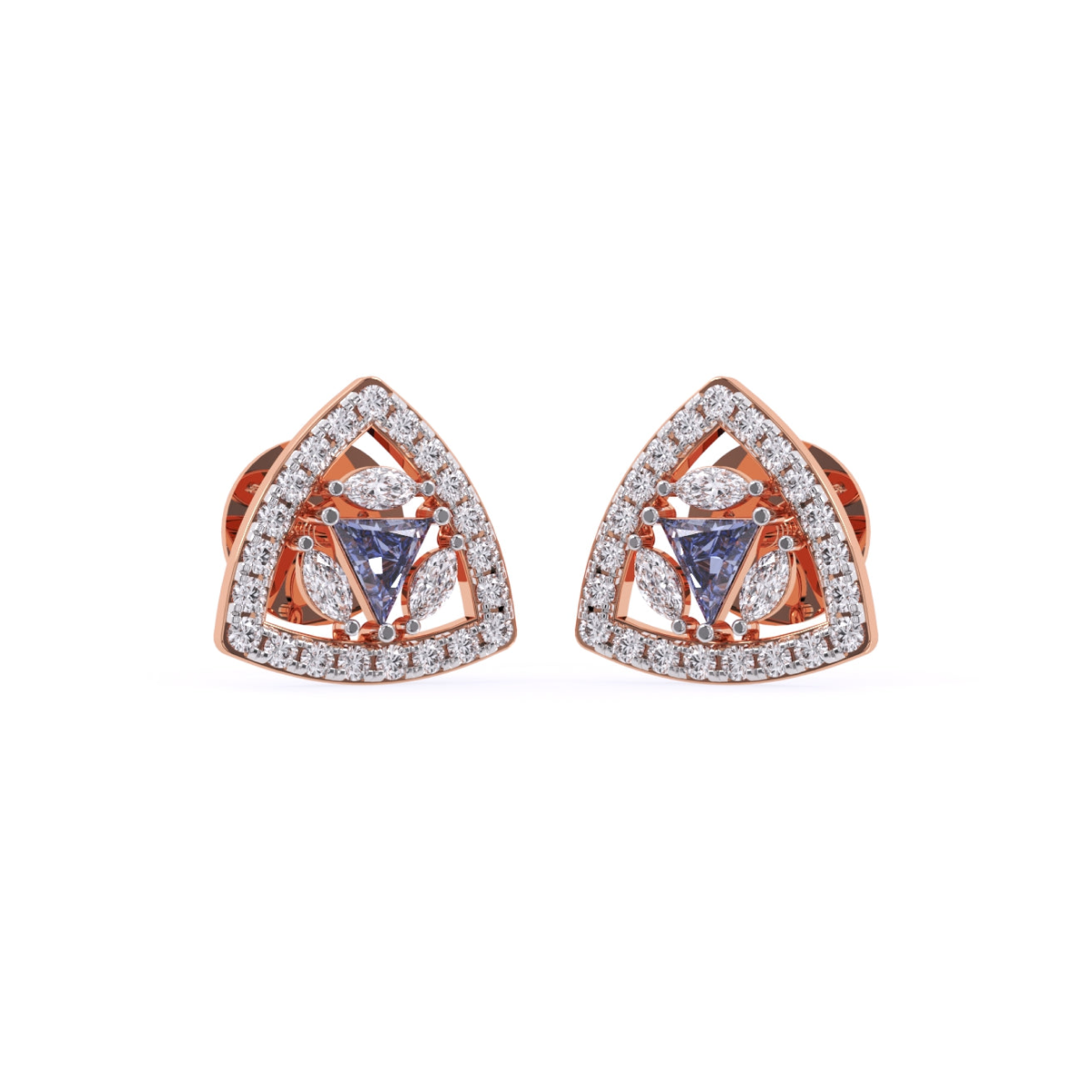 Halo Triangle Diamond Stud Earrings with Mixed Diamond Shapes